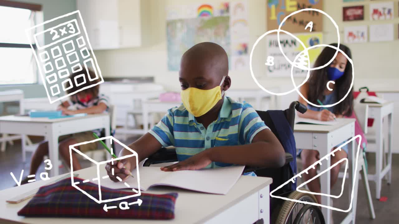 Animation of school items icons moving over schoolchildren wearing face masks