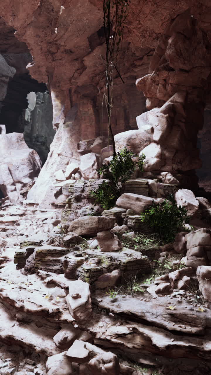 un estrecho cañón con paredes de roca roja y una pequeña abertura en la distancia