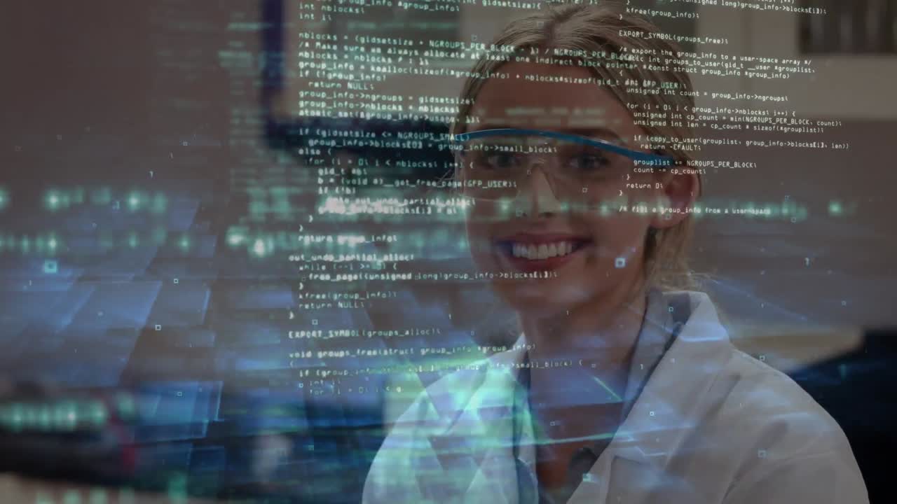 Animazione di elaborazione dati su scienziata caucasica in laboratorio
