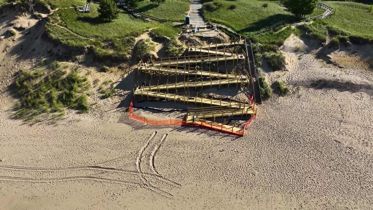Aerial view of a new accessible walkway being built.