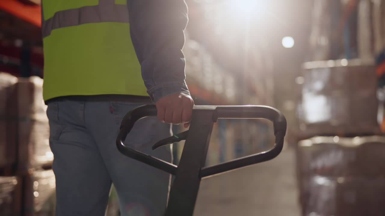 trabajador de almacén que opera una carretilla elevadora