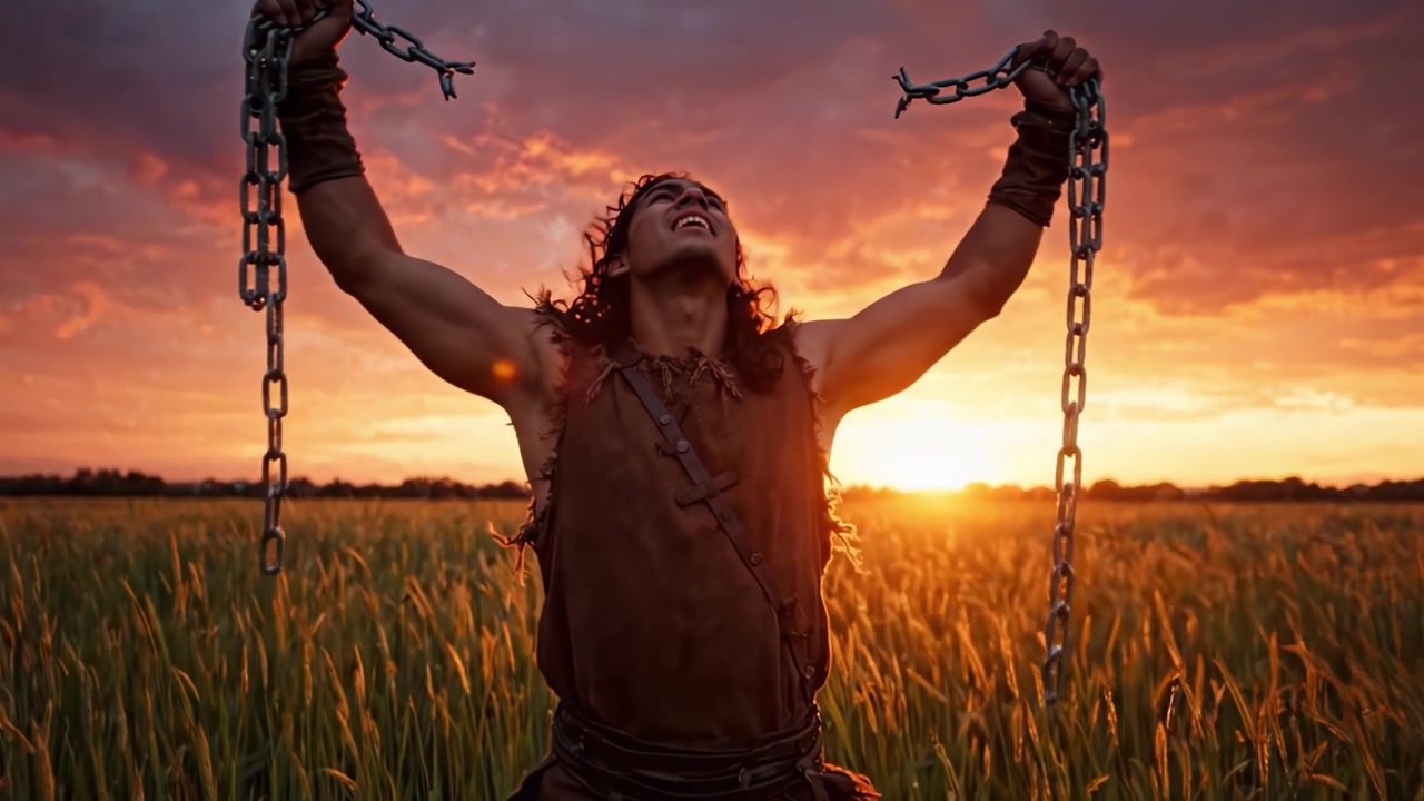 Uma Figura Triunfante Celebra a Liberdade Contra um Cenário de Pôr do Sol Deslumbrante, Erguendo-se em Meio a Campos Dourados, Incorporando Força e Resiliência em um Momento de Vitória.