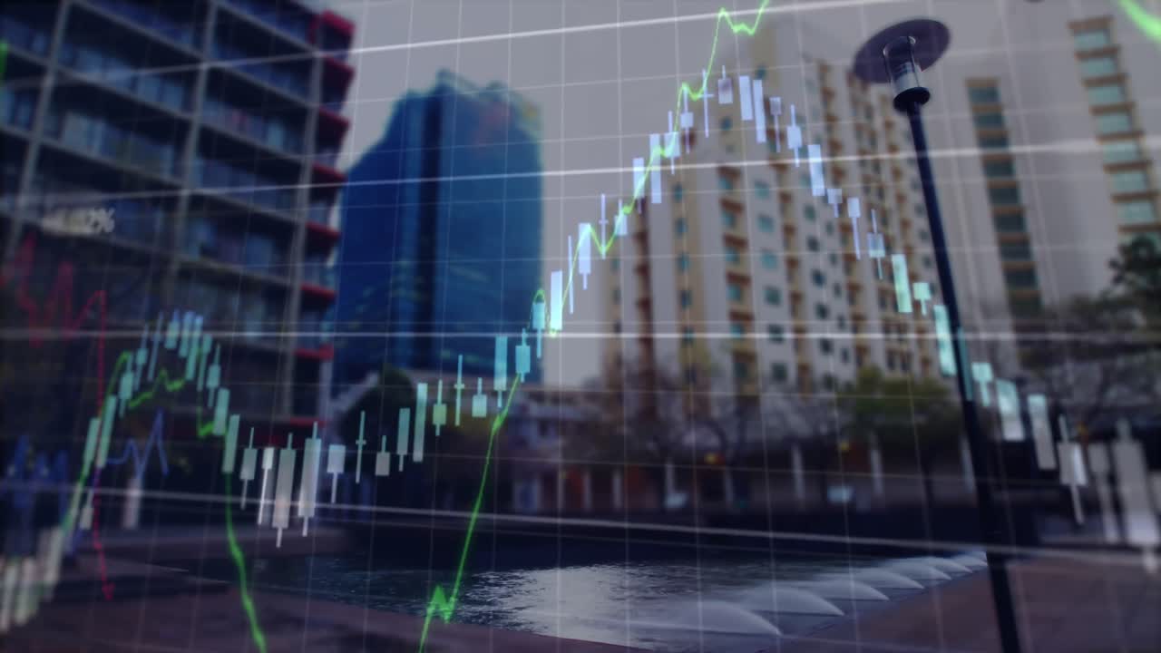 animación del procesamiento de datos financieros sobre el paisaje urbano