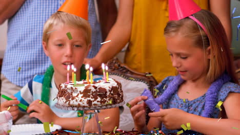 animación de confeti cayendo sobre la familia divirtiéndose en la fiesta de cumpleaños