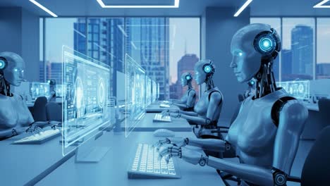 futuristic office environment featuring humanoid robots interacting with advanced technology at cybernetic workstations in a modern cityscape