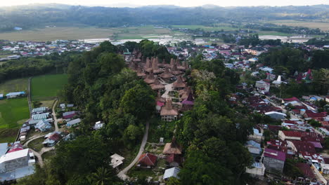 vista of thatched roof cottages surrounded by dense trees near rural town in west sumba, east nusa tenggara, indonesia