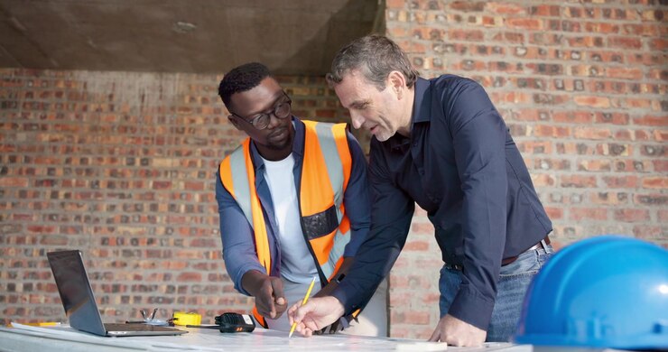 Architekt und Bauleiter prüfen Baupläne auf der Baustelle