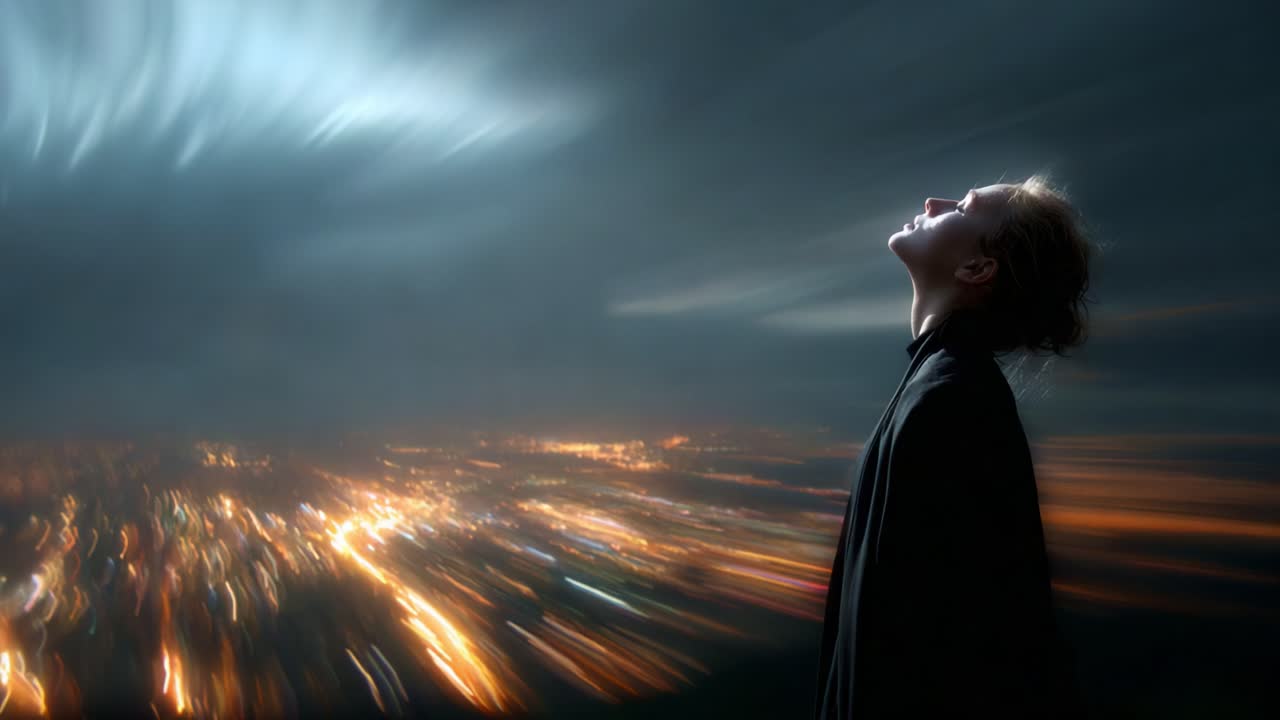 A contemplative figure gazing upwards, surrounded by a swirling atmospheric backdrop of lights, embodying a moment of reflection and connection with the vast imagination of the universe