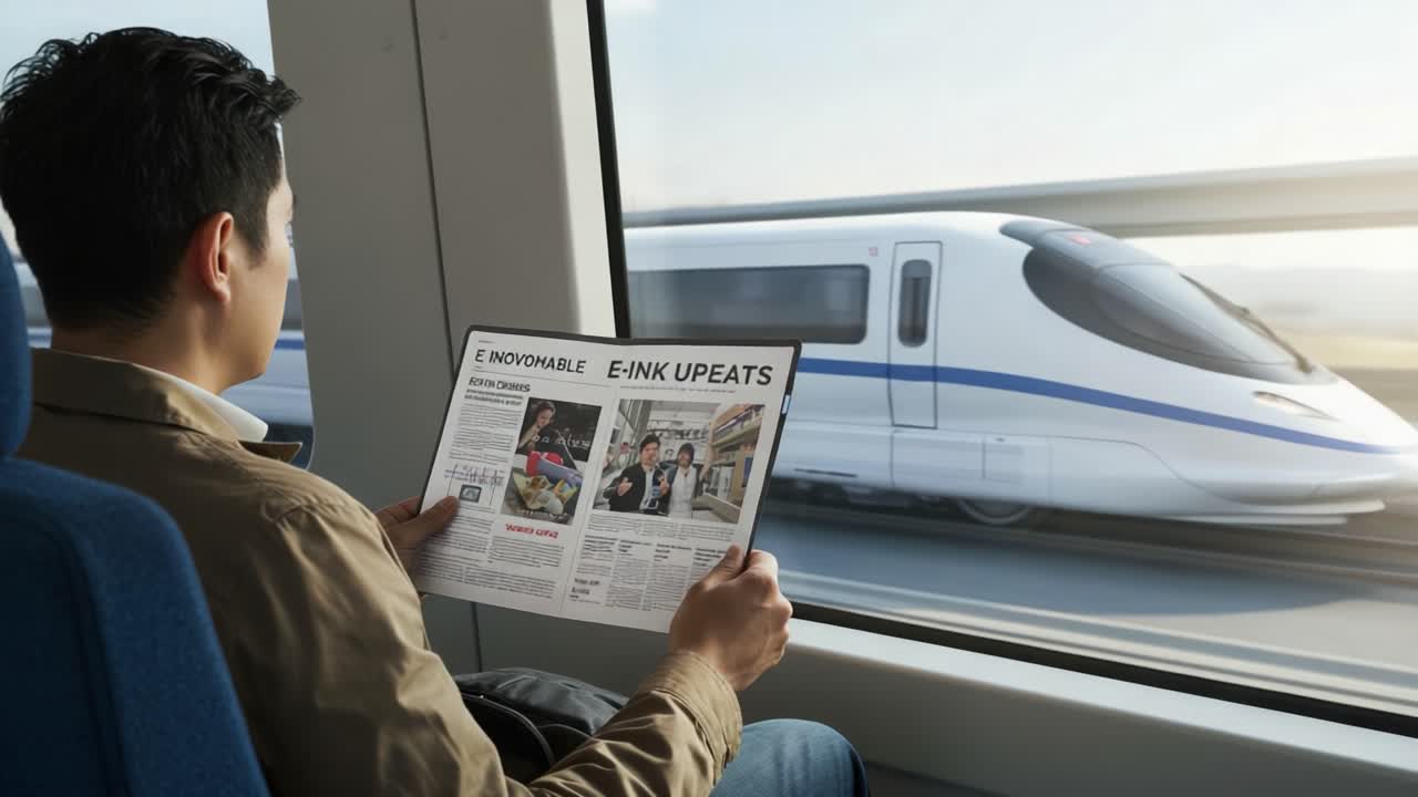 A Passenger Reading a Newspaper While Traveling on a High-Speed Train: Exploring Modern Transport and Daily Life with the Rush of the World Outside