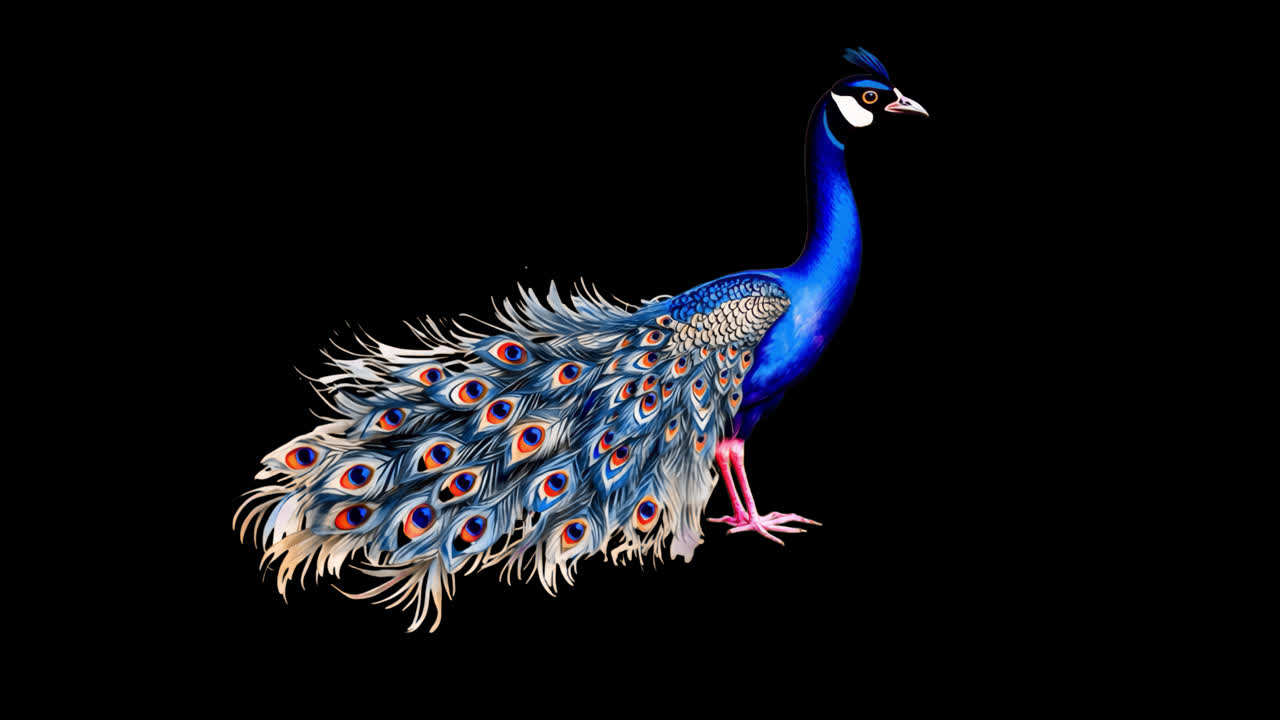 Elegant peacock animation isolated asset, transparent 4K video, alpha channel, ProRes 4444