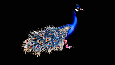 elegant peacock animation isolated asset, transparent 4k video, alpha channel, prores 4444