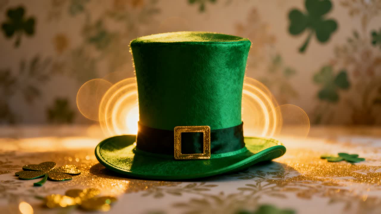 Pulsing amber backlight behind green velvet hat on table, causing brim tilt and glitter sharpening