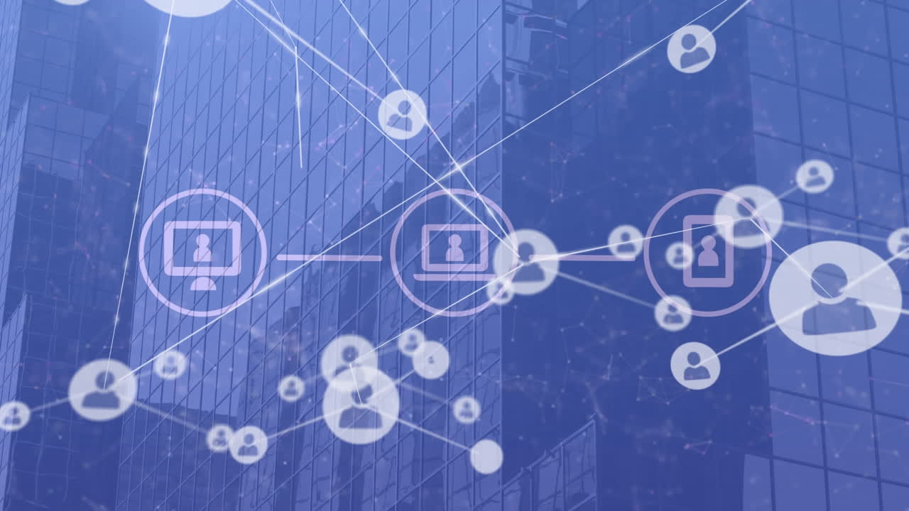 도시 풍경 위의 아이콘으로 연결된 네트워크의 애니메이션