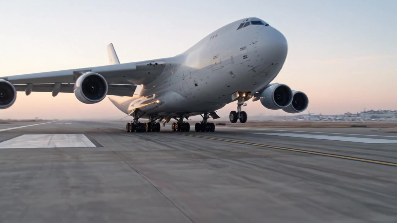 Un grande aereo cargo decolla dalla pista al tramonto, catturando la maestosa bellezza del volo contro un cielo colorato alla fine della giornata.