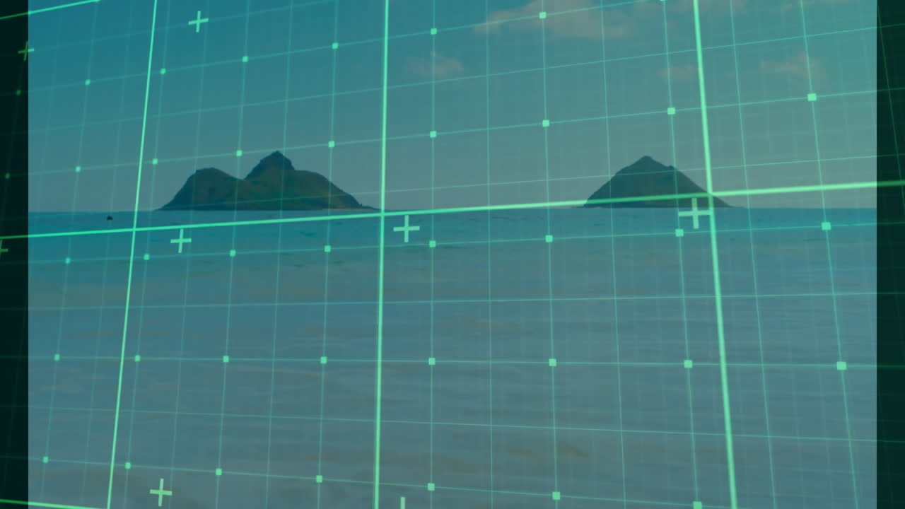 Grid overlay animation over serene ocean view with distant islands