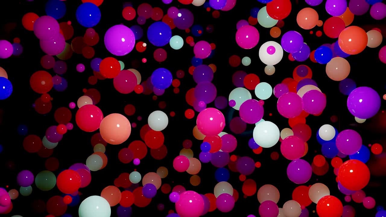 composición abstracta de bolas de colores en el aire, que se iluminan al azar y se reflejan entre sí. esferas multicolores en el aire como simple fondo oscuro geométrico con efectos de luz. en habitación cromada