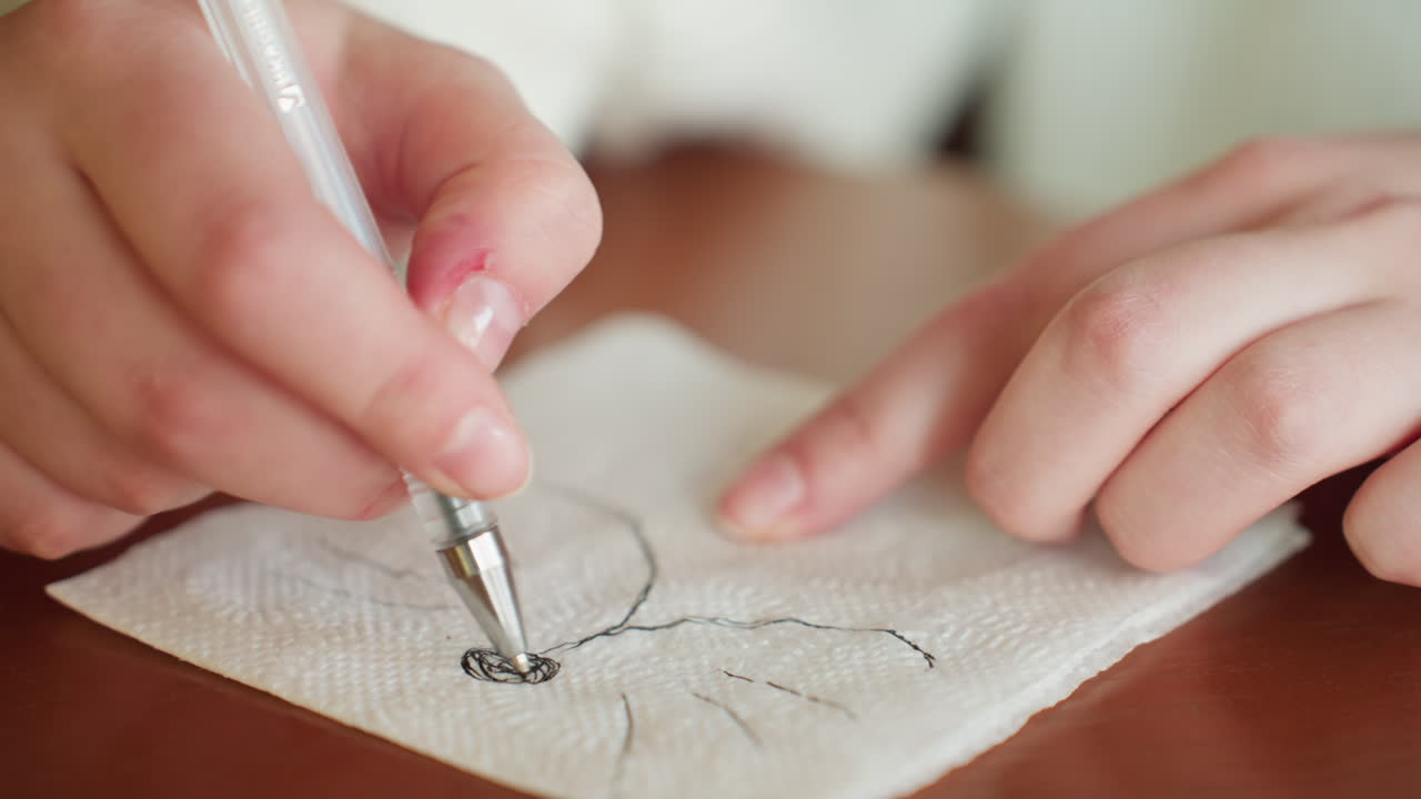 Close up of person using pen to sketch on white tissue paper on wooden table, wearing white sweater, focused hand movement suggesting creativity and casual artistry in cozy indoor environment