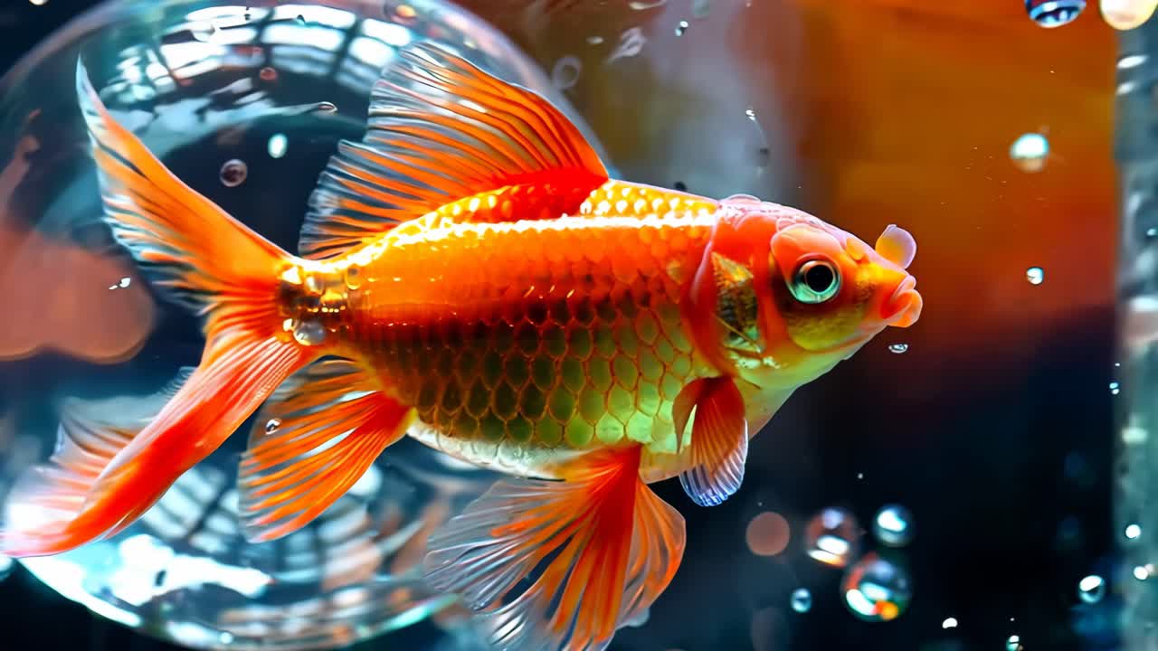 A goldfish is swimming in a clear bubble. The bubble is surrounded by water and the fish is swimming in it