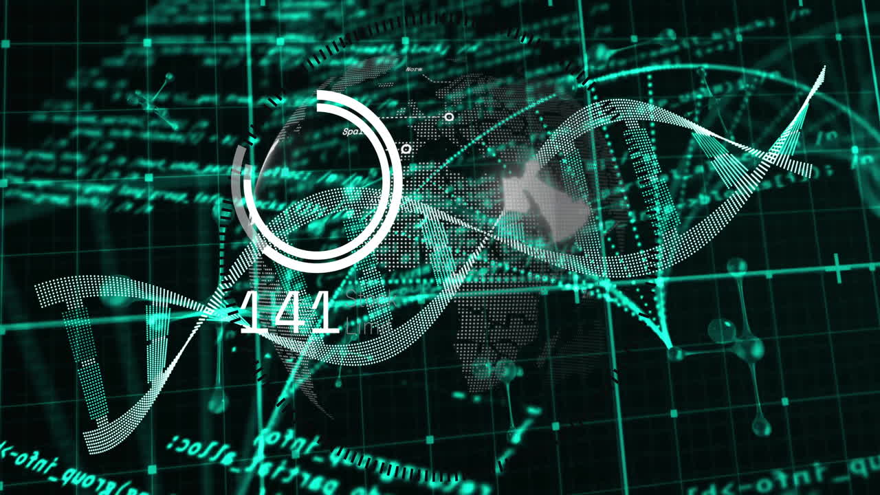 animación de la cadena de adn, procesamiento de datos sobre escaneo de alcance en fondo negro
