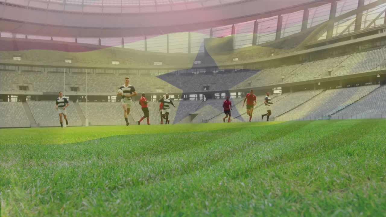 Running on field, rugby players with Ghana flag animation in stadium