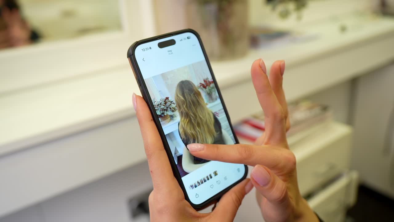 Hands Scrolling and Zooming Through Hair Photos on a Smartphone