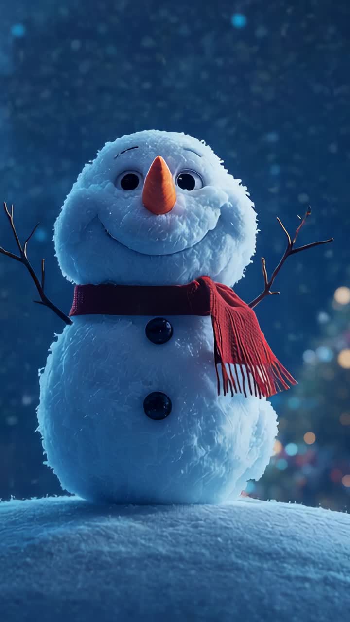 Vertical video: Panning camera capturing snowman with red scarf on mound at night, falling snow