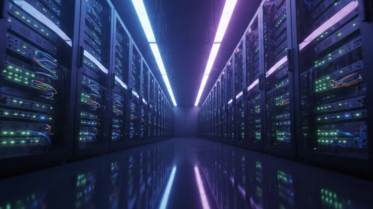 Exploring a High-Tech Data Center: A Deep Dive into the World of Server Racks Illuminated by Futuristic Lighting and High-Speed Connectivity