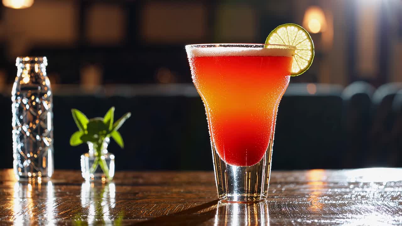 En farverig cocktail med en skive lime, fotograferet fra en lav engel, der fremhæver dens gradient farver