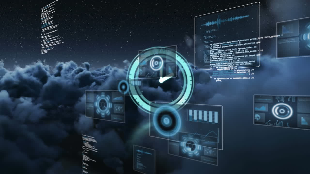 Animation of clock, scopes and data processing on cloud background