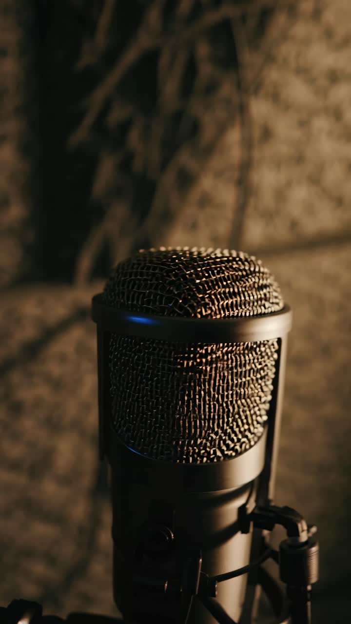 Close-up of a microphone with a blue hue, shot from a low angle, conveying a professional audio