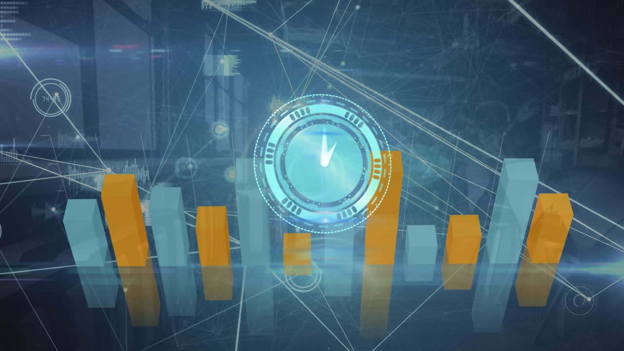 animación del reloj, los gráficos, la red de conexiones y el procesamiento de datos sobre fondo azul.