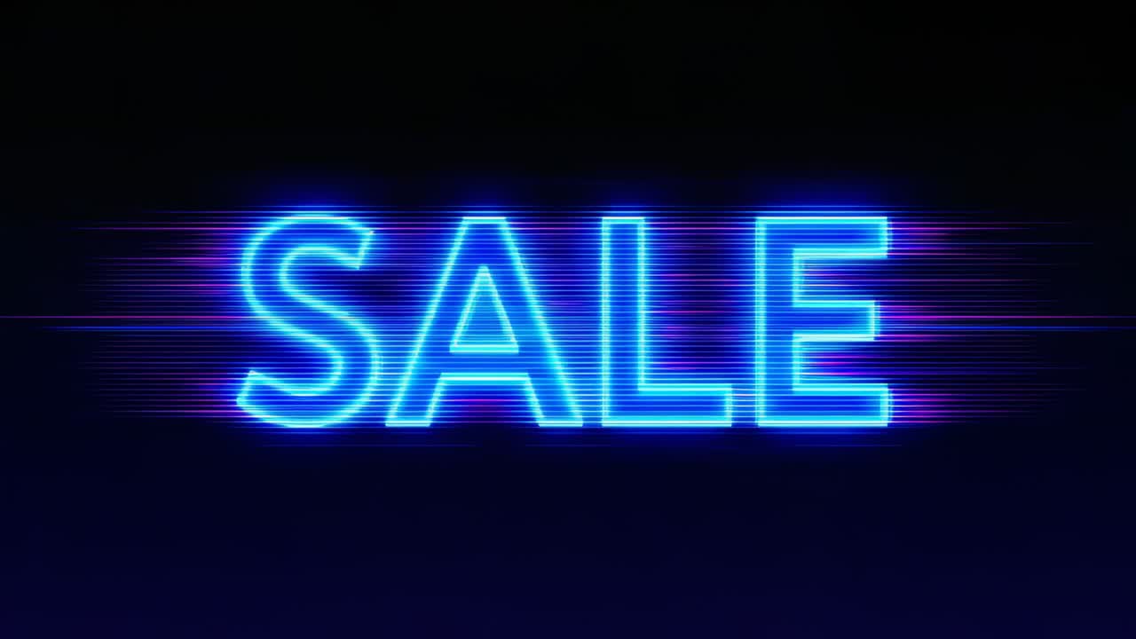 Cycling frames pulsing neon SALE glowing on deep blue backdrop, with magenta scanline streaks