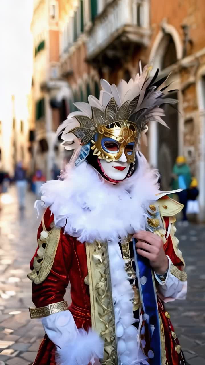 Un uomo in costume rosso con una maschera sul volto sta camminando per una strada nel Carnevale di Venezia