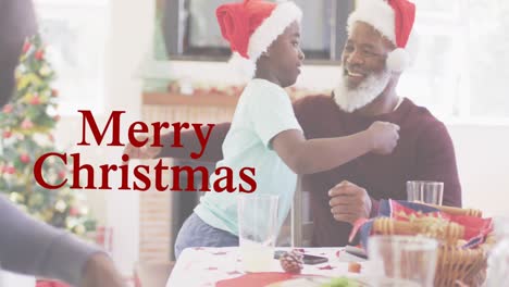 Merry-christmas-text-banner-against-african-american-boy-hugging-his-grandfather-at-home