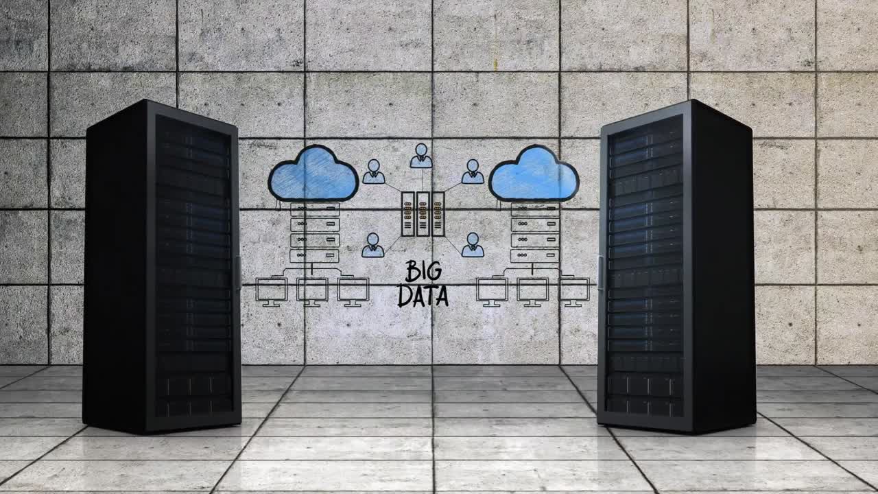 torres de servidores que se mueven con un dibujo de explicación de grandes datos