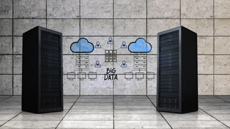 torres de servidores que se mueven con un dibujo de explicación de grandes datos