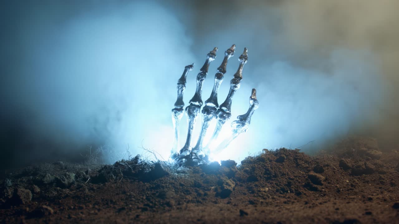 A Glowing Skeleton Hand Emerging From The Ground: An Eerie Representation Of Life And Death In A Mystical Setting Surrounded By Fog And Shadows