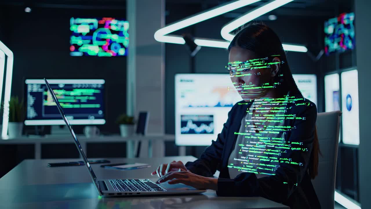 A futuristic video concept with a low-angle shot of a woman at a computer, surrounded by digital