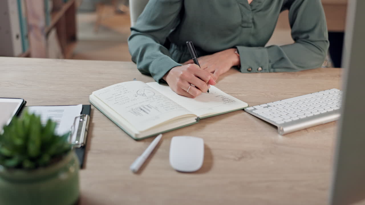 Writing, research and hands of business person