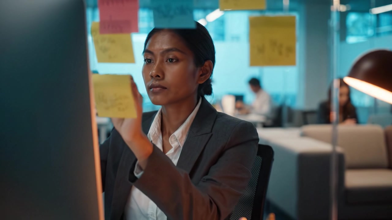Focused Professional Working in Modern Office Environment Surrounded by Sticky Notes and Engaged in Productive Task while Collaborating with Colleagues