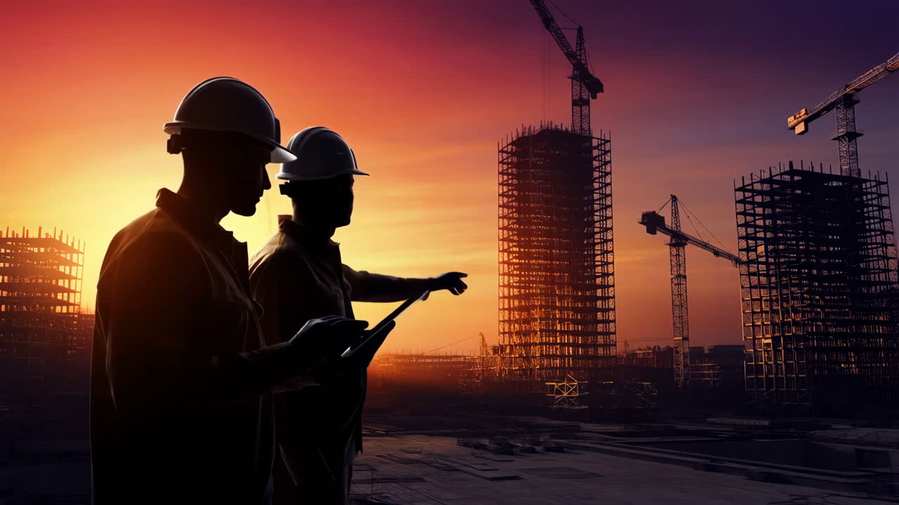 Construction workers at sunset