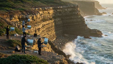 artists capturing the beauty of coastal landscapes on canvas during golden hour, showcasing the harmony between nature and creativity on a cliffside setting