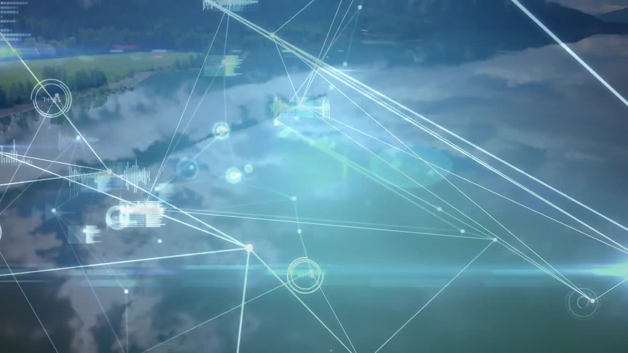 농촌 풍경과 푸른 하늘 위의 연결 네트워크와 데이터 처리 애니메이션