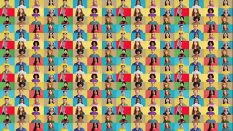 diverse group of people making hand gestures in colorful grid pattern