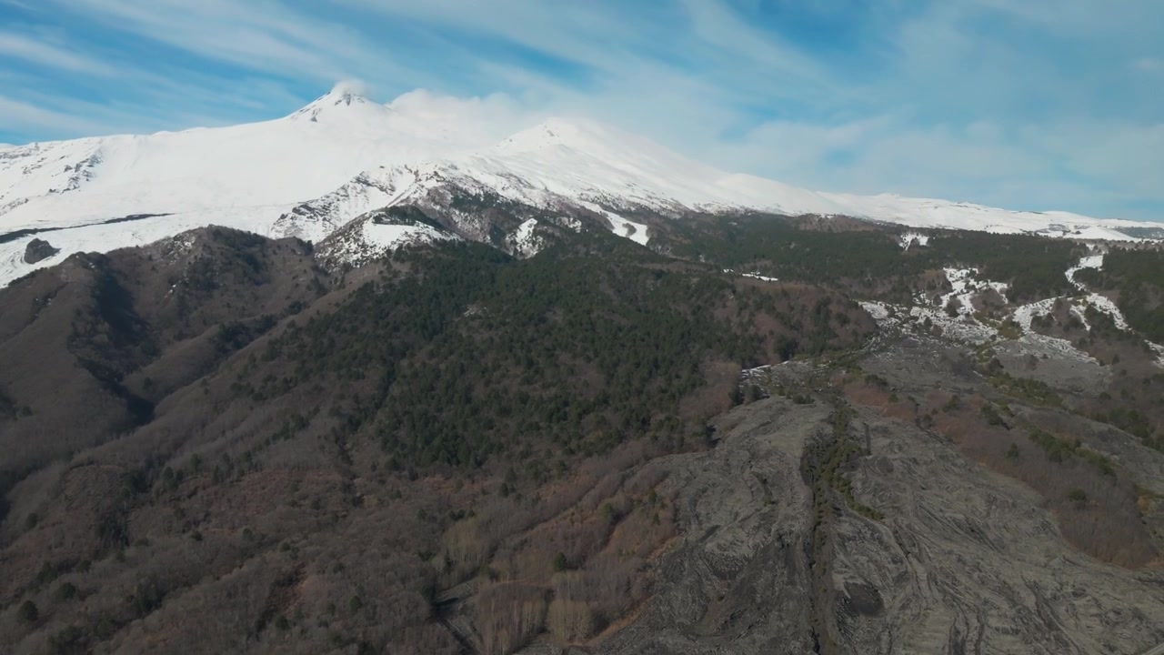 Veduta aerea dell'Etna con drone, dalla cima innevata del vulcano alle intricate texture delle antiche colate laviche vulcaniche e una strada tortuosa.