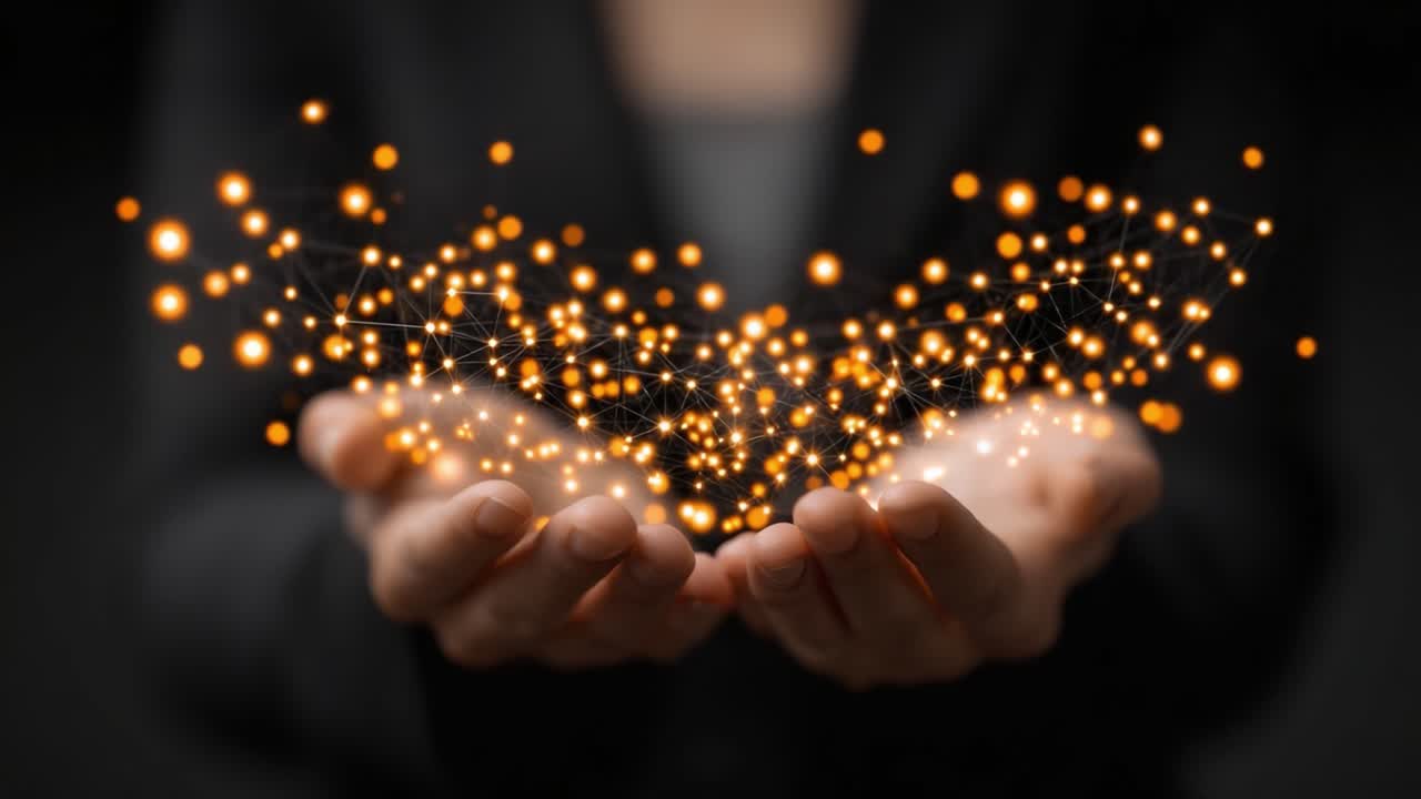 Connessioni illuminanti: una rappresentazione astratta di energia e possibilità vista attraverso mani tese piene di motivi di luce scintillante