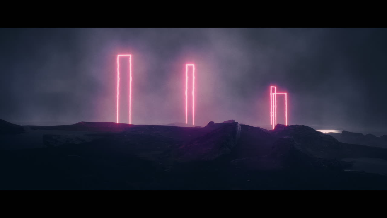 Rocky landscape with huge pink light portal structures