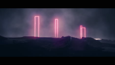 rocky landscape with huge pink light portal structures
