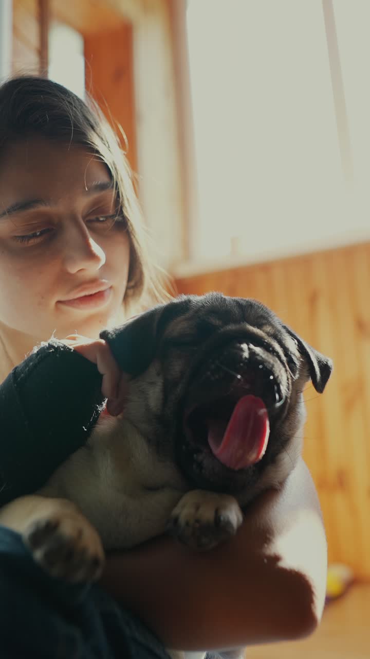 Girl holding a pug puppy