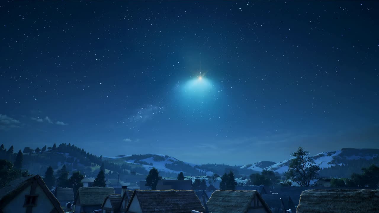 Stella dorata che appare sopra il villaggio, con spostamento della telecamera per rivelare un cottage illuminato da lanterne e pecore al pascolo